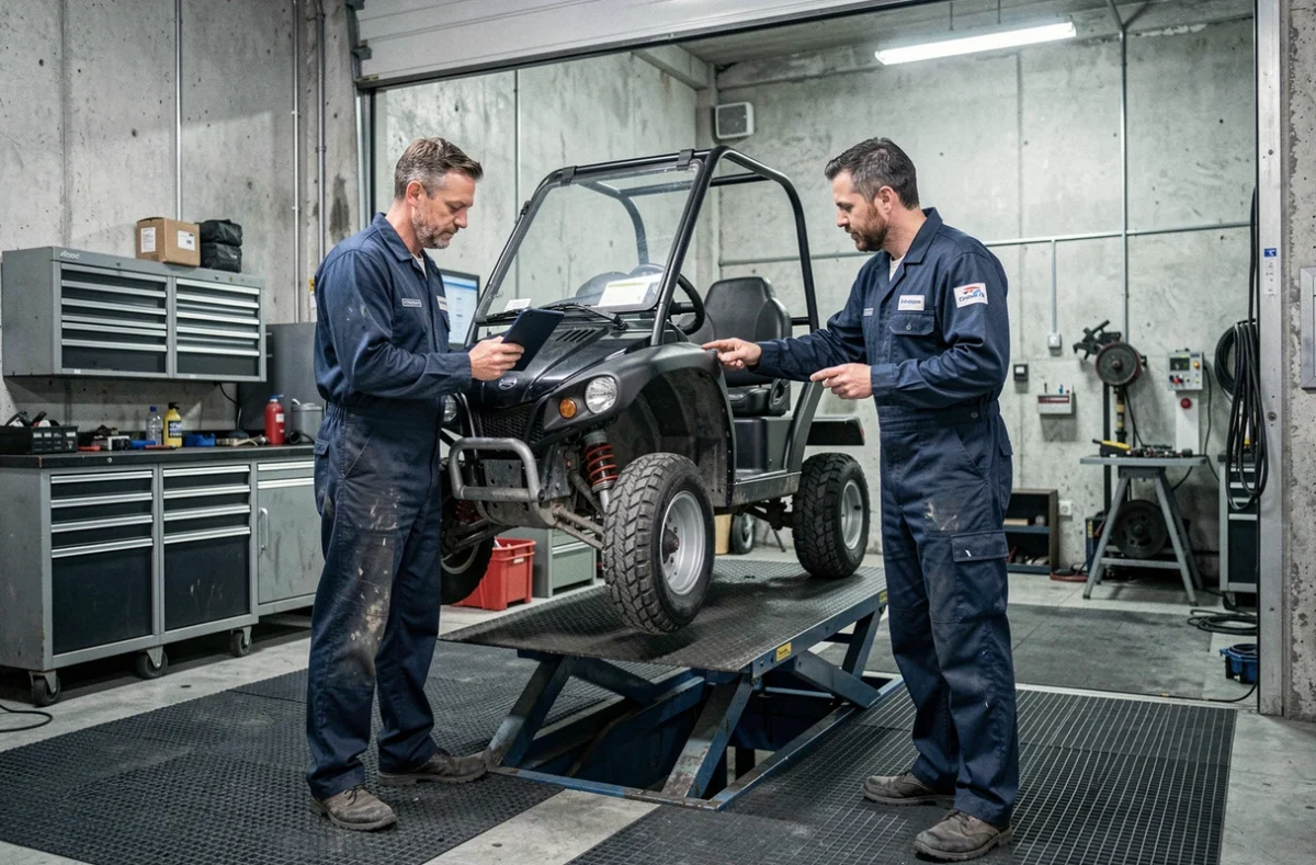 Des mécaniciens vérifient l'état mécanique d'une voiture sans permis d'occasion dans un atelier de concession