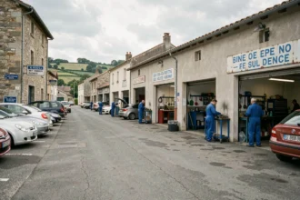Vue panoramique d'un quartier de garages automobiles en Haute-Vienne avec mécaniciens au travail et façades de workshops régionaux