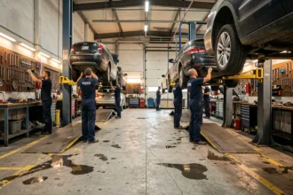 Vue d'ensemble d'un atelier de mécanique automobile professionnel en Moselle avec plusieurs mécaniciens au travail