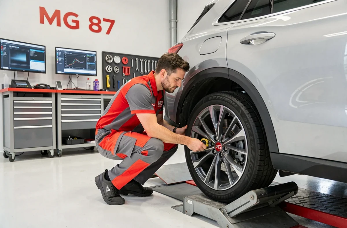 Technicien automobile du garage MG 87 en Haute-Vienne vérifiant un alignement de roue sur une rampe professionnelle
