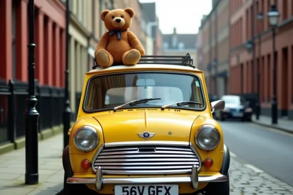 Mini voiture jaune vintage garée sur des pavés londoniens avec un ours en peluche sur le toit, symbole de la culture pop Mr. Bean
