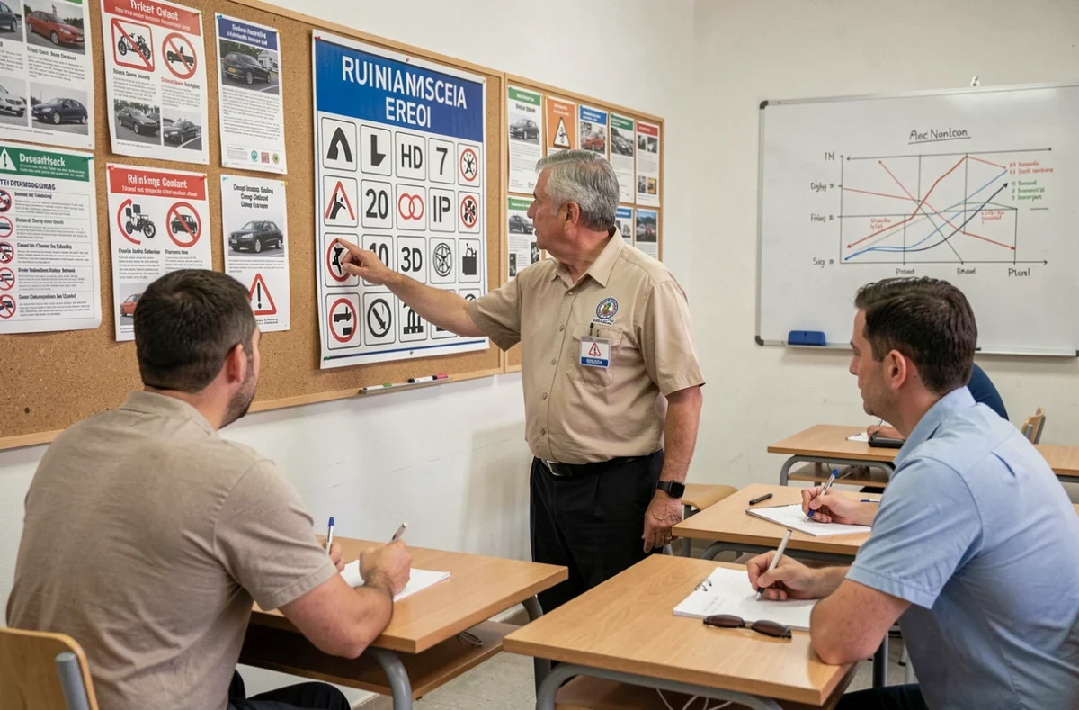 Moniteur d'auto-école expliquant les panneaux de signalisation à des adultes en cours de révision du code 2026