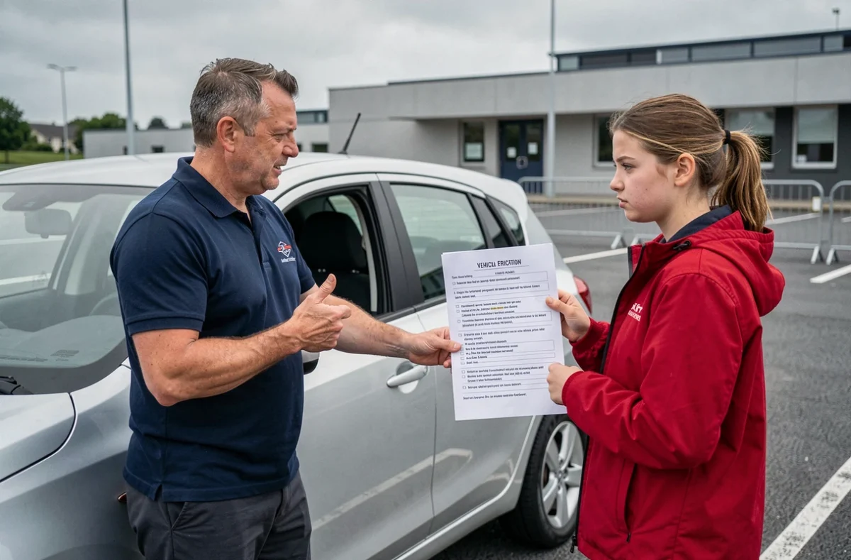 Moniteur d'auto-école montrant une liste de vérifications imprimée à une candidate nerveuse devant une voiture au centre d'examen du permis