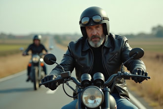 Motard classique à moto cruiser sur route rurale