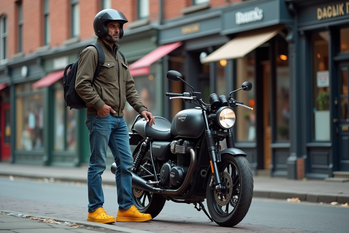 Motard avec Crocs sur une moto en ville