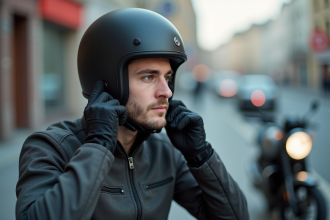 Jeune motard urbain met ses écouteurs avant son casque