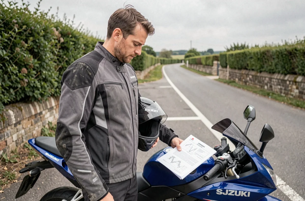 Motard consultant un document réglementaire sur la préparation moto à côté de sa Suzuki GSX 600 R