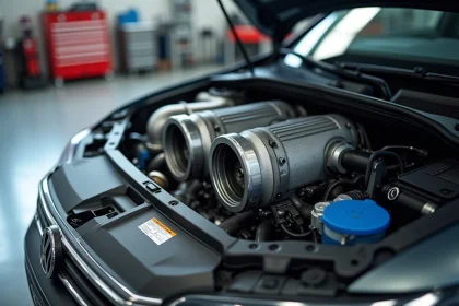 Moteur 2.0 BiTDI avec double turbocompresseur visible dans un atelier automobile professionnel