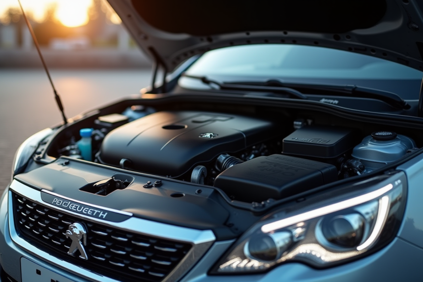 Moteur de la Peugeot 308 hybride avec capot ouvert