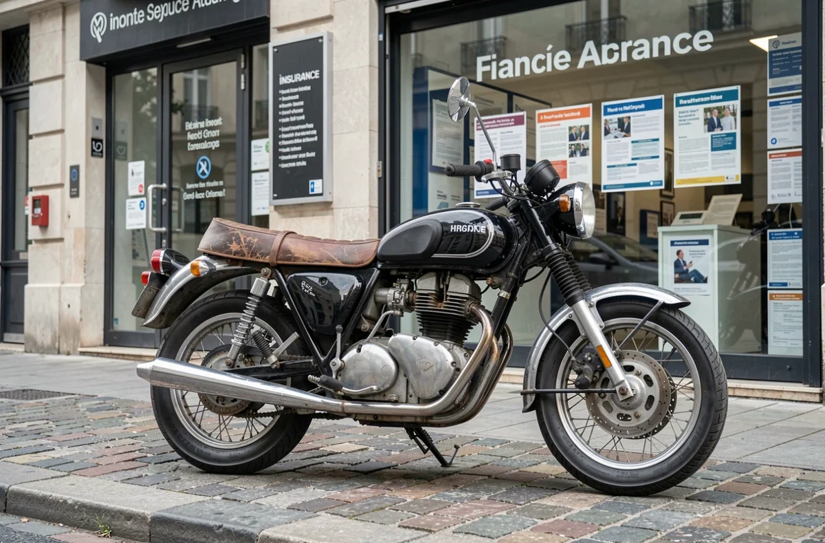 Moto vintage garée devant une agence d'assurance en France symbolisant l'assurance sans permis