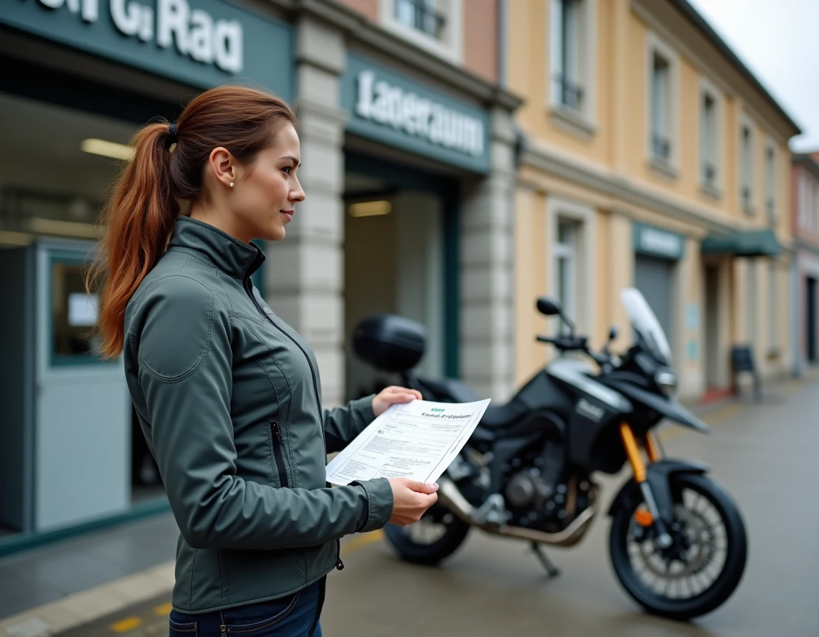 Motocycliste femme tenant son certificat de contrôle technique moto devant un centre de contrôle agréé