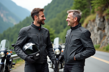 Deux motards en montagne discutant sur le bord de la route