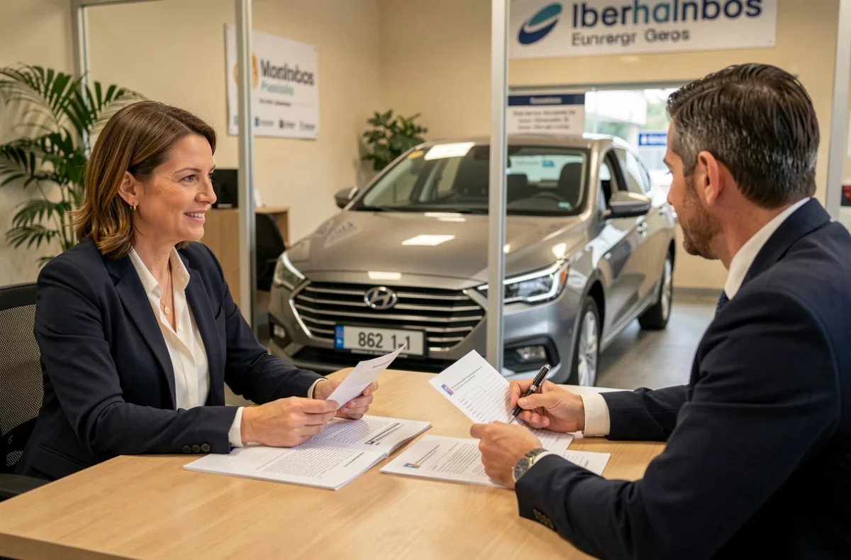 Femme en train de négocier le prix d'une voiture essence avec un vendeur dans une concession