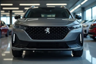 Gros plan sur la calandre et le nouveau logo Peugeot minimaliste sur une voiture moderne en showroom