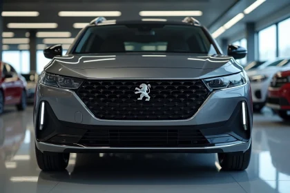 Gros plan sur la calandre et le nouveau logo Peugeot minimaliste sur une voiture moderne en showroom