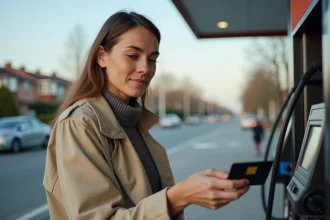 Femme payant son carburant par carte bancaire sans contact à une borne de station-service