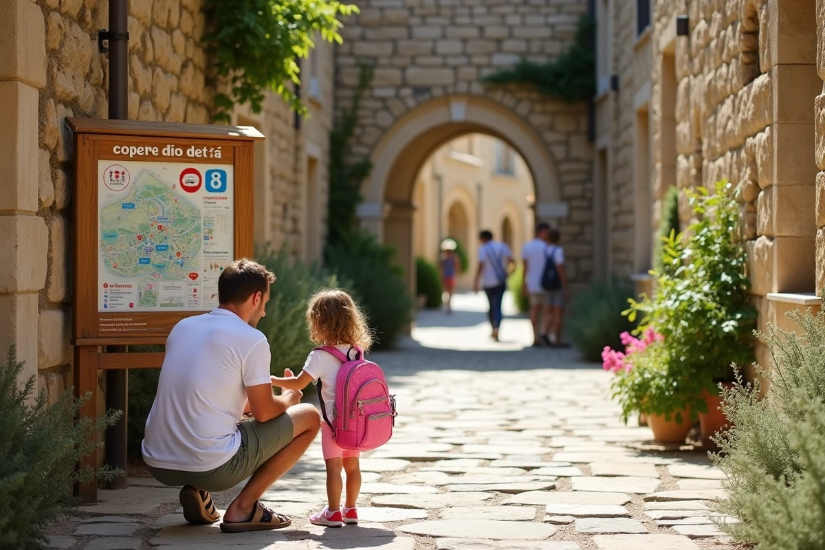 Père et fille consultant un panneau de carte de stationnement à l'entrée des Baux-de-Provence