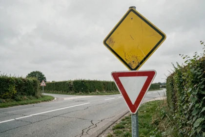 Panneau losange jaune suivi d'un panneau cédez-le-passage sur une route de campagne française