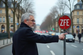 Panneau de restriction de circulation ZFE en zone urbaine parisienne avec un expert en mobilité urbaine
