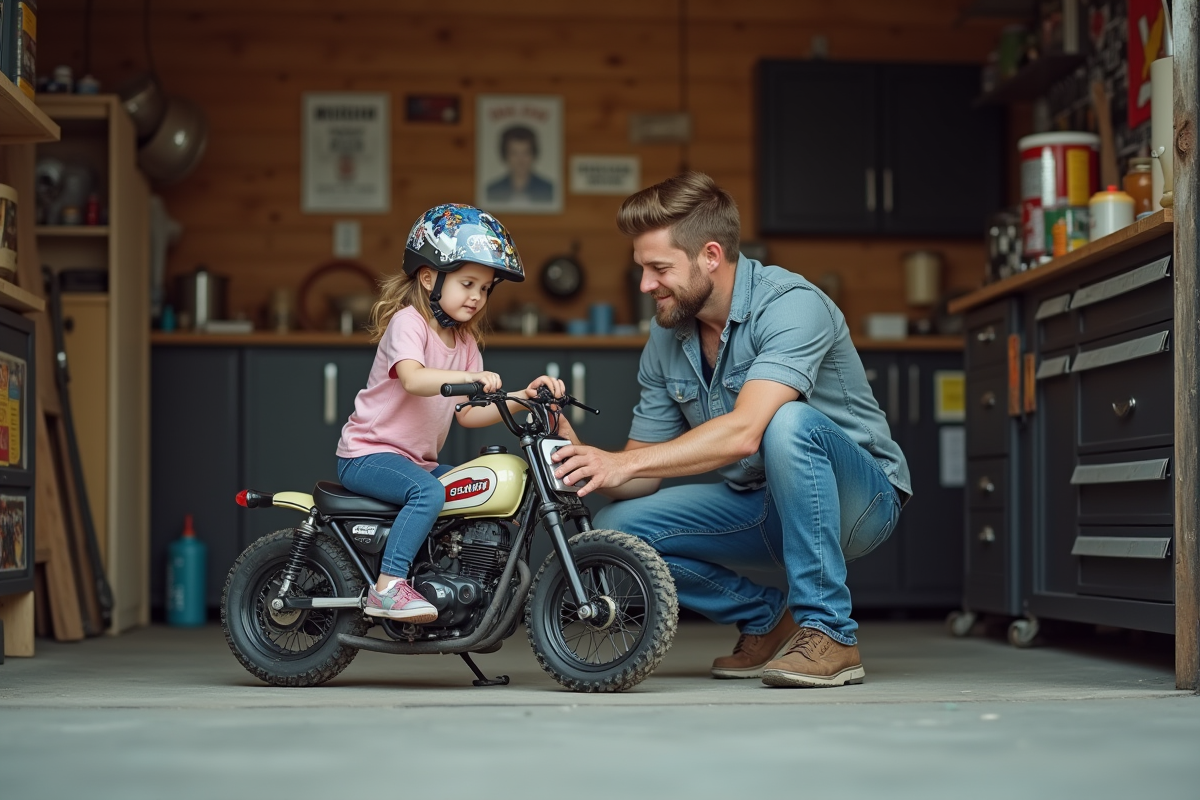 Père et fille avec mini moto dans le garage familial