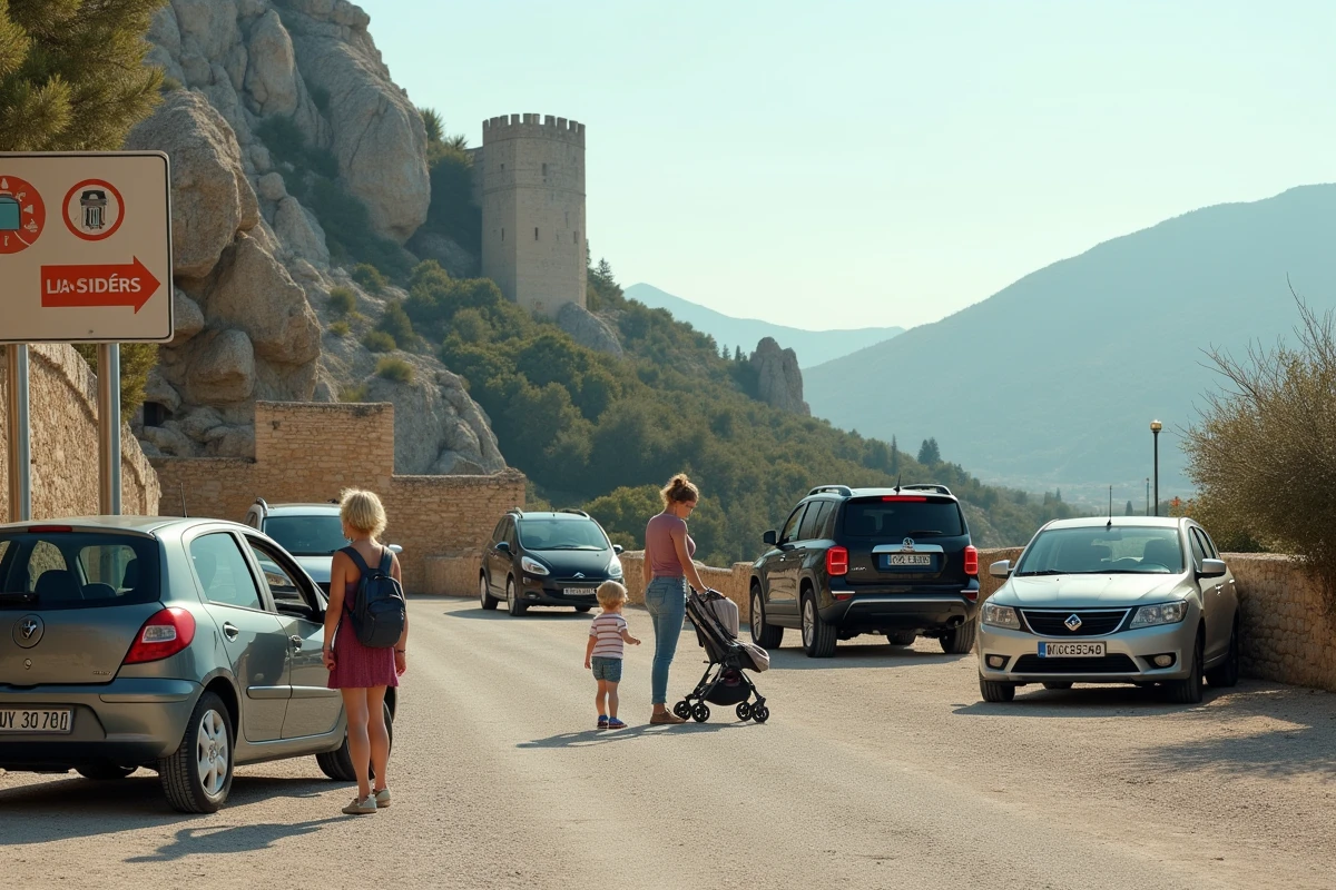 Parking au pied des Baux-de-Provence avec famille déchargeant une poussette depuis un SUV