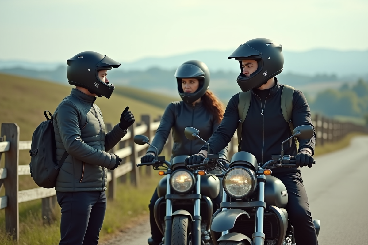 Trois motards en pause dans la campagne tranquille