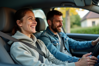 Père et fille en voiture familiale lors d'une leçon de conduite