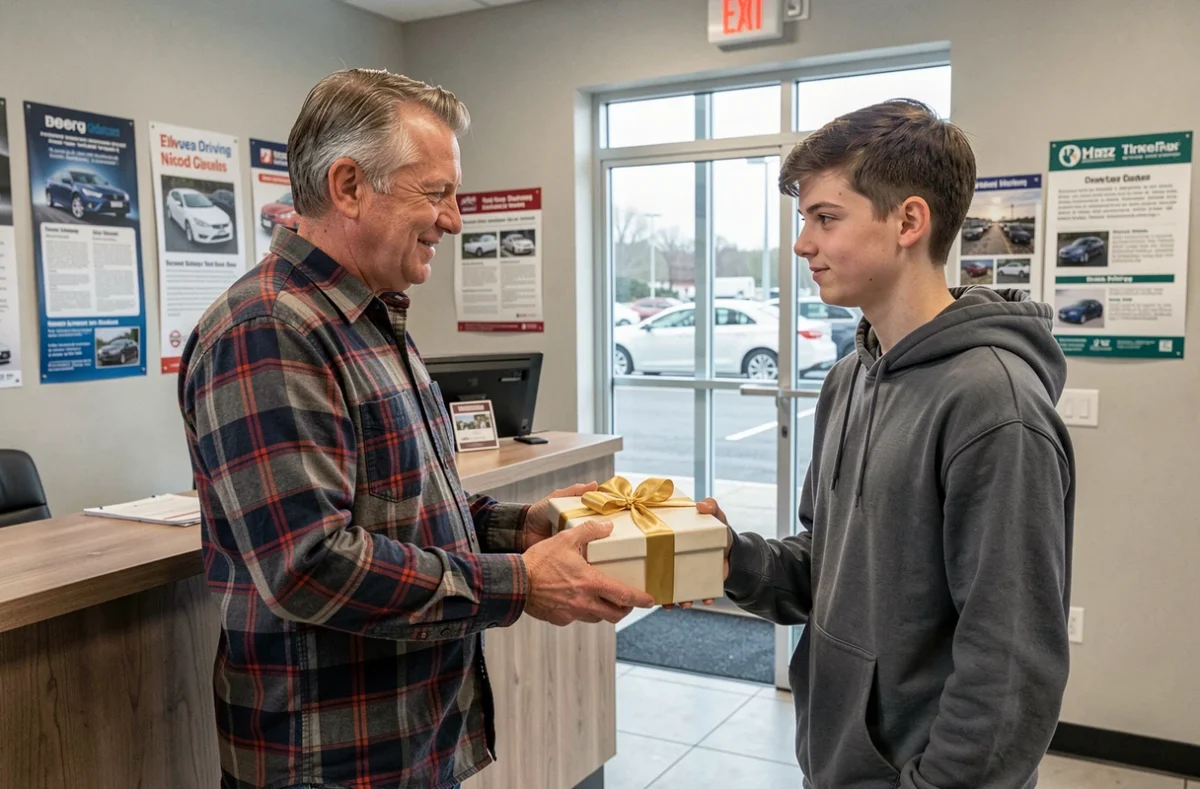 Père offrant un coffret cadeau formation permis de conduire à son fils adolescent dans une auto-école