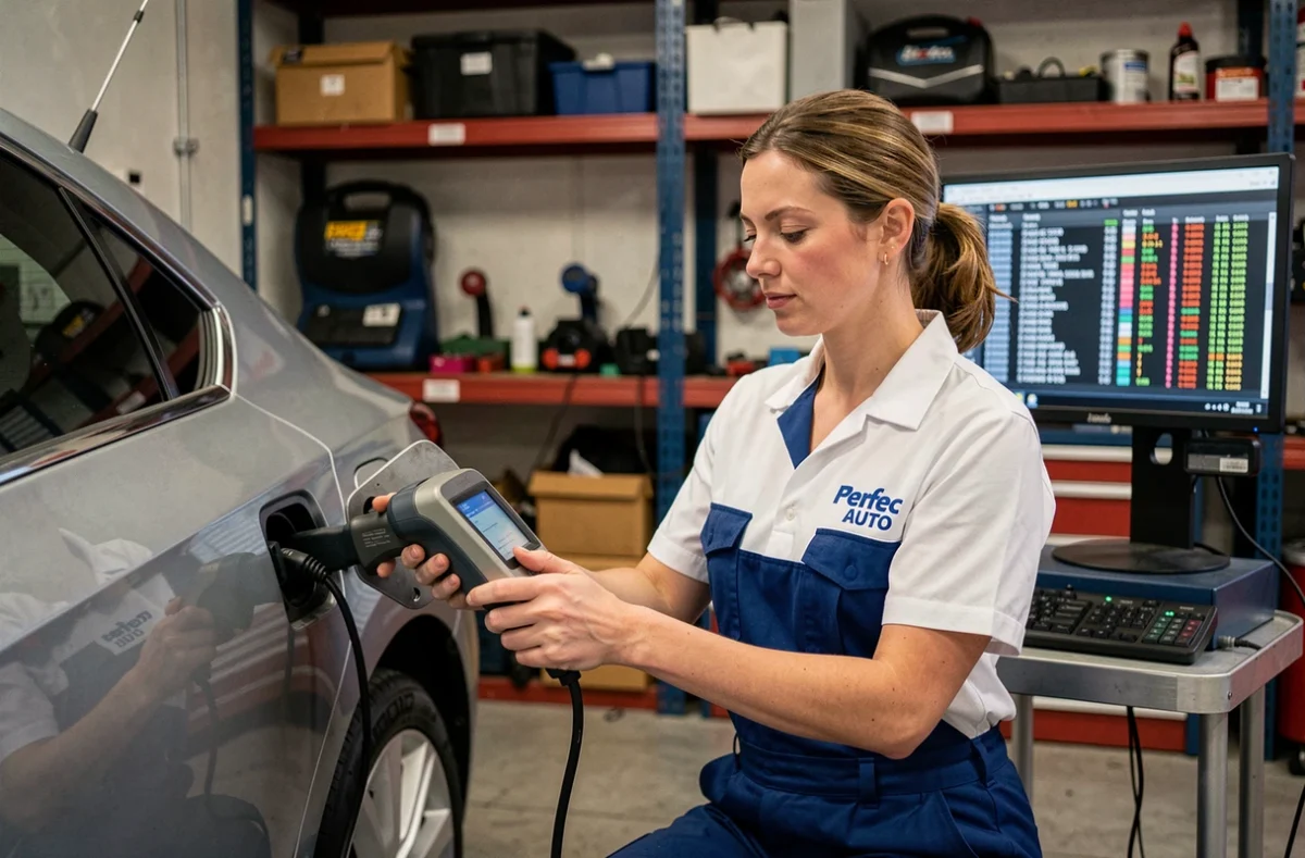 Technicienne de Perfec Auto utilisant un scanner de diagnostic électronique sur un véhicule dans un atelier moderne