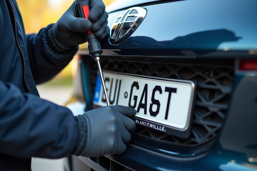 Main en gants dévissant une plaque d'immatriculation européenne