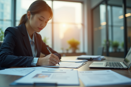 Personne remplissant des documents officiels dans un bureau lumineux