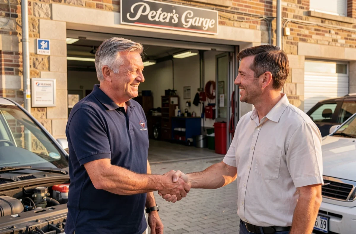 Mécanicien de Peter's Garage serrant la main d'un client satisfait devant la façade du garage après une réparation