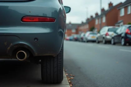 Peugeot 207 avec système antipollution défaillant garée dans une rue résidentielle, pot d'échappement visible