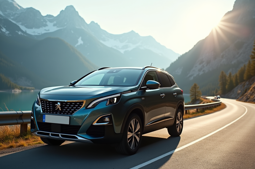 Peugeot 3008 hybride sur route de montagne en journée