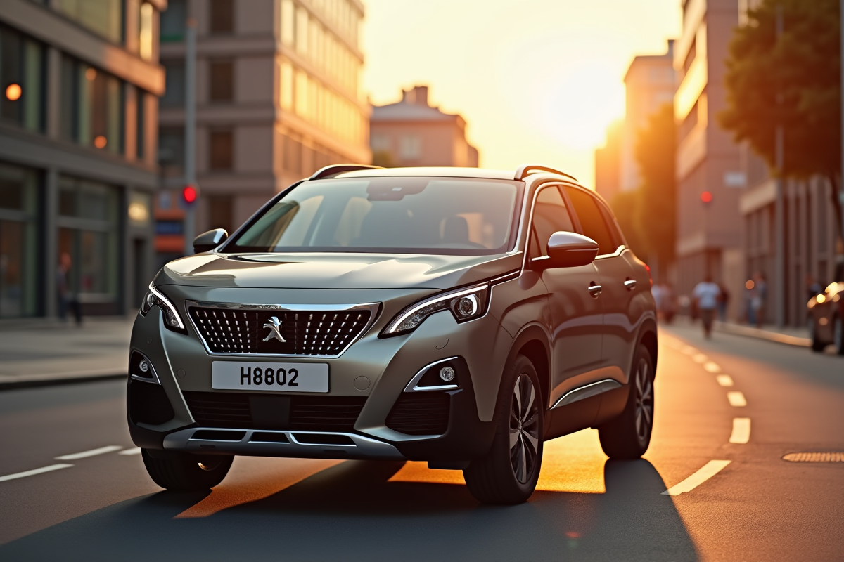 Peugeot 3008 hybride en ville au coucher du soleil