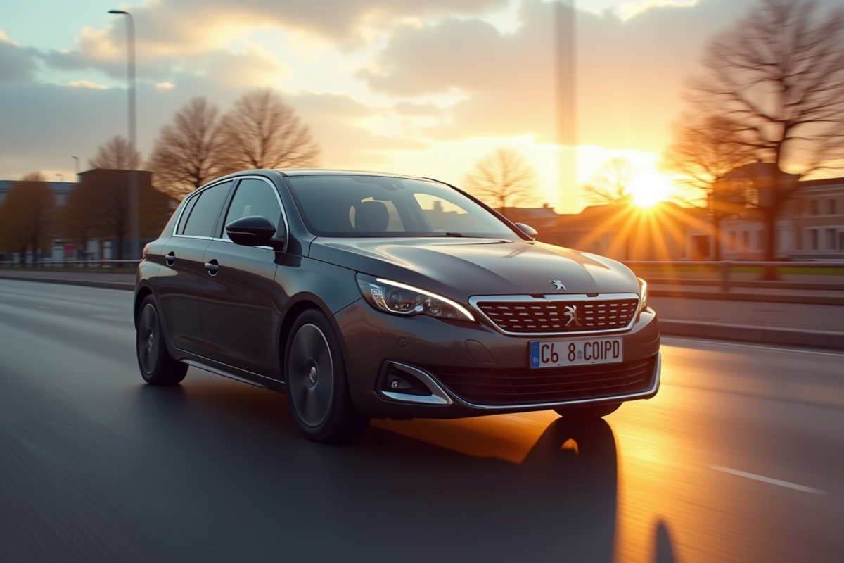 Peugeot 308 hybride en conduite urbaine au lever du soleil