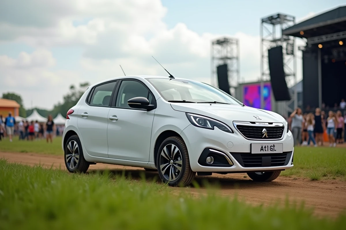 Peugeot e-208 blanche garée devant un festival de musique en plein air avec scène et public floutés en arrière-plan