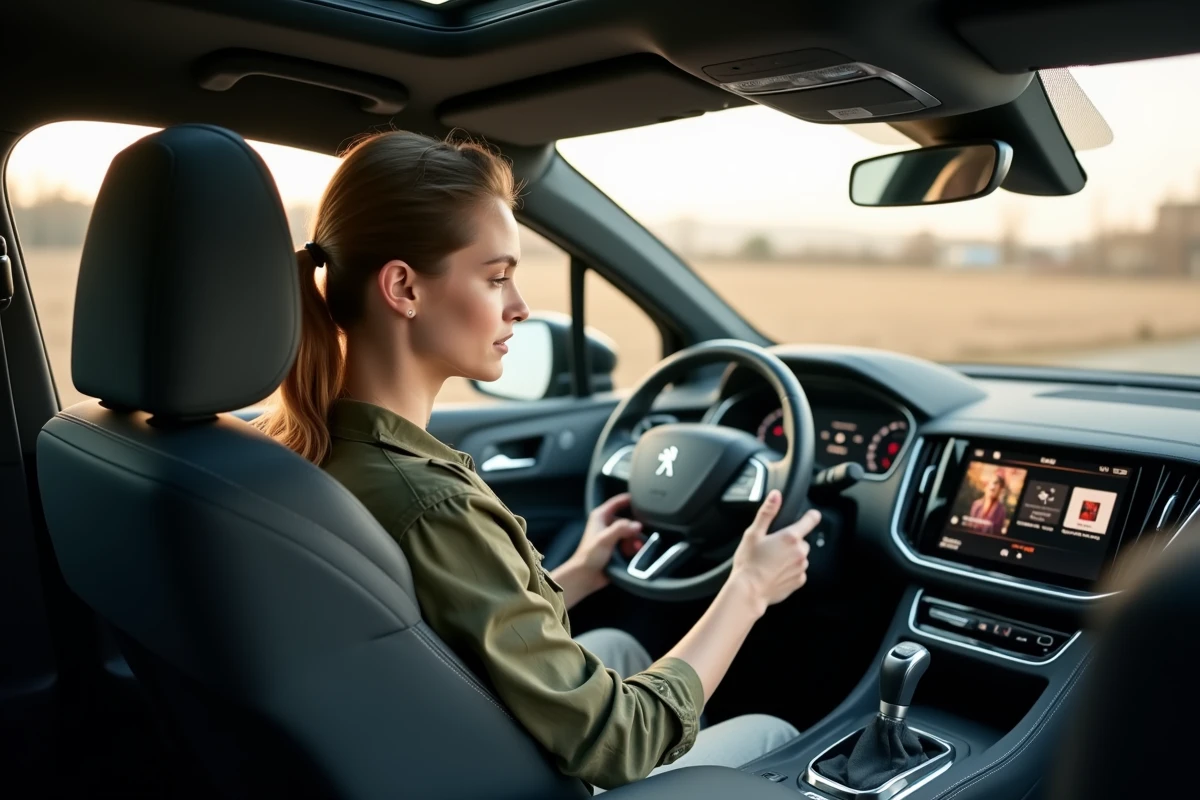Femme dans l'habitacle d'un Peugeot 3008 interagissant avec l'écran de musique du système multimédia embarqué