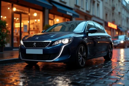 Peugeot 308 bleue garée dans une rue urbaine pluvieuse avec reflets colorés, ambiance musicale vintage en arrière-plan