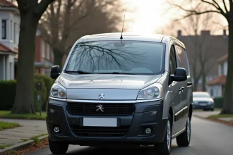 Peugeot Rifter 7 places gris métallisé garé dans une rue résidentielle, vue trois quarts avant