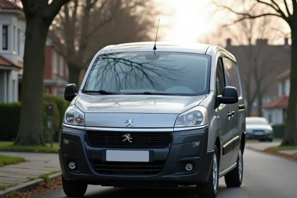 Peugeot Rifter 7 places gris métallisé garé dans une rue résidentielle, vue trois quarts avant