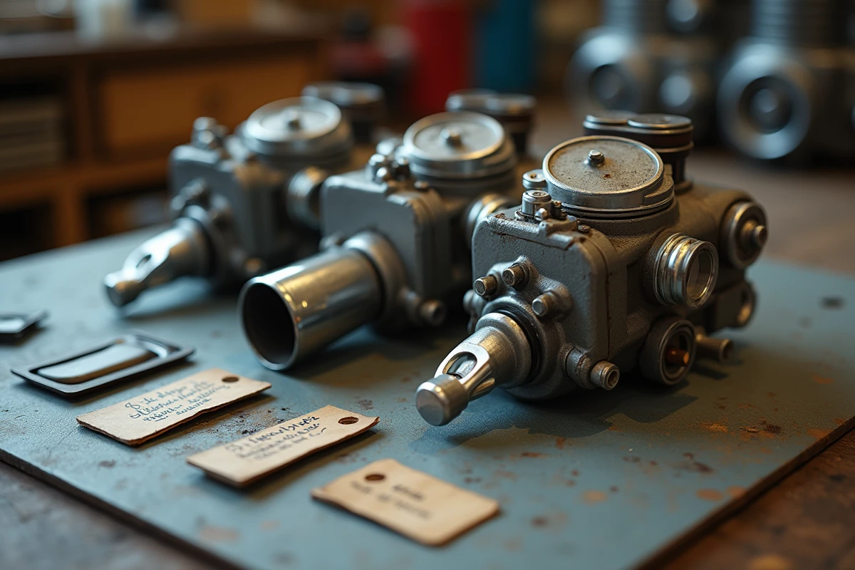 Pièces rares et références introuvables pour GSXR 1100 1992 posées sur un tapis d'atelier avec étiquettes de référence manuscrites