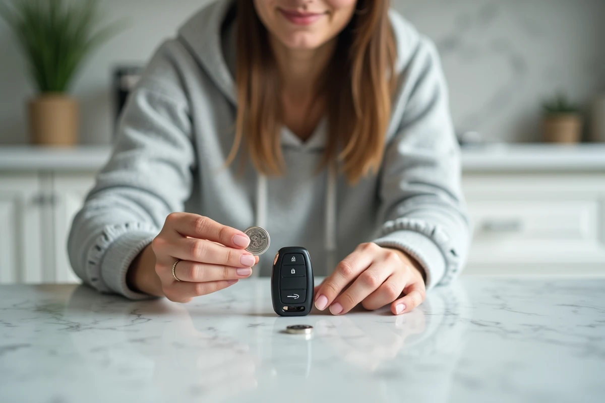 Femme tenant une pile CR2032 neuve à côté d'une clé Clio 4 ouverte sur une table de cuisine blanche