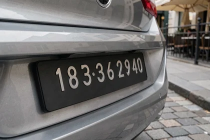 Gros plan sur une plaque d'immatriculation noire mate montée sur une berline européenne dans une rue pavée