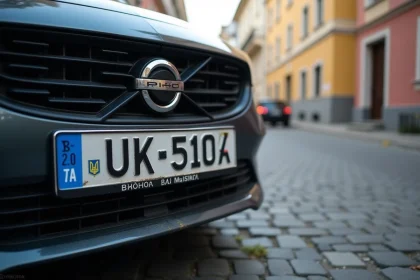 Plaque d'immatriculation ukrainienne UA sur le pare-chocs avant d'une berline garée dans une rue de Kyiv