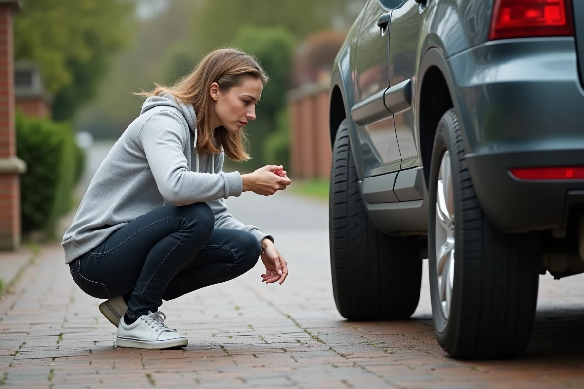 Femme inspectant un pneu sous-gonflé et déformé sur le flanc d'un SUV dans une allée résidentielle