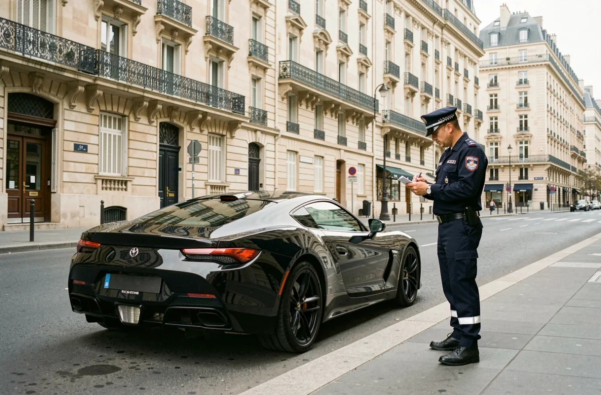 Agent de police en train de verbaliser une voiture équipée d'une plaque d'immatriculation noire sur un boulevard parisien