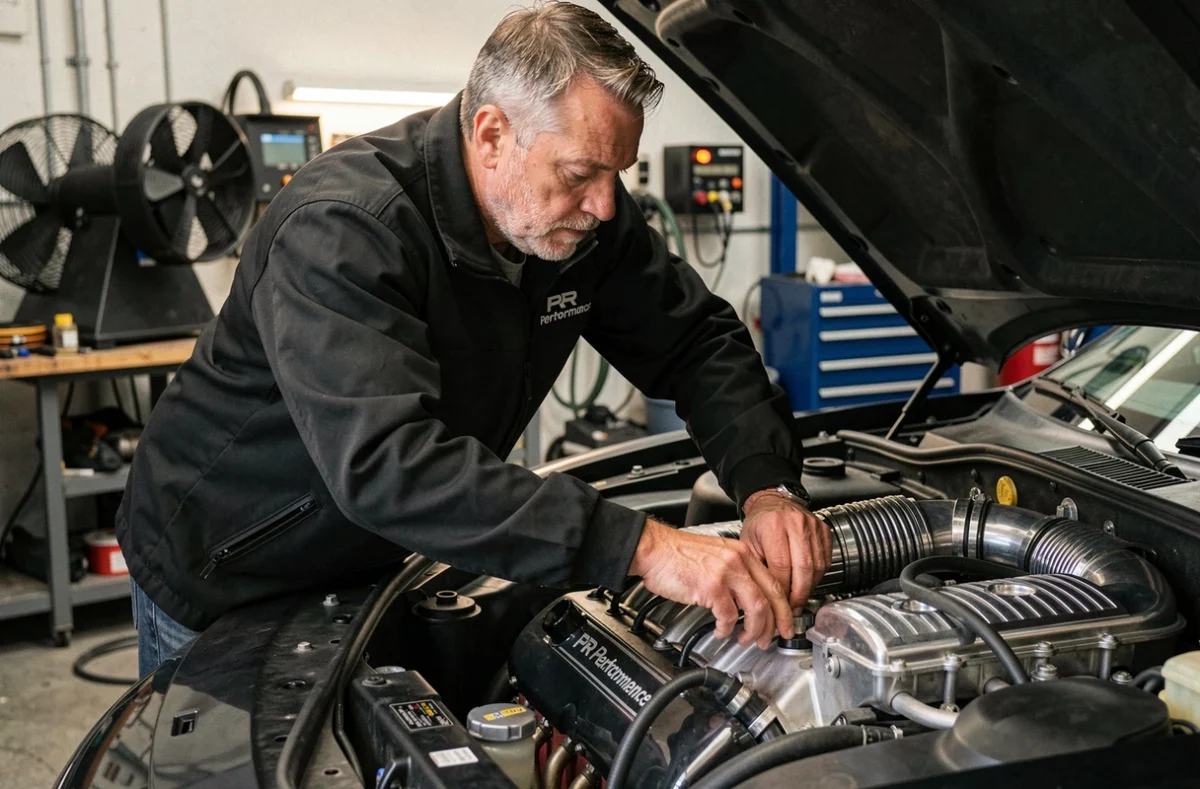 Spécialiste de PR Performance ajustant les composants d'un moteur de voiture sportive dans un garage de préparation automobile