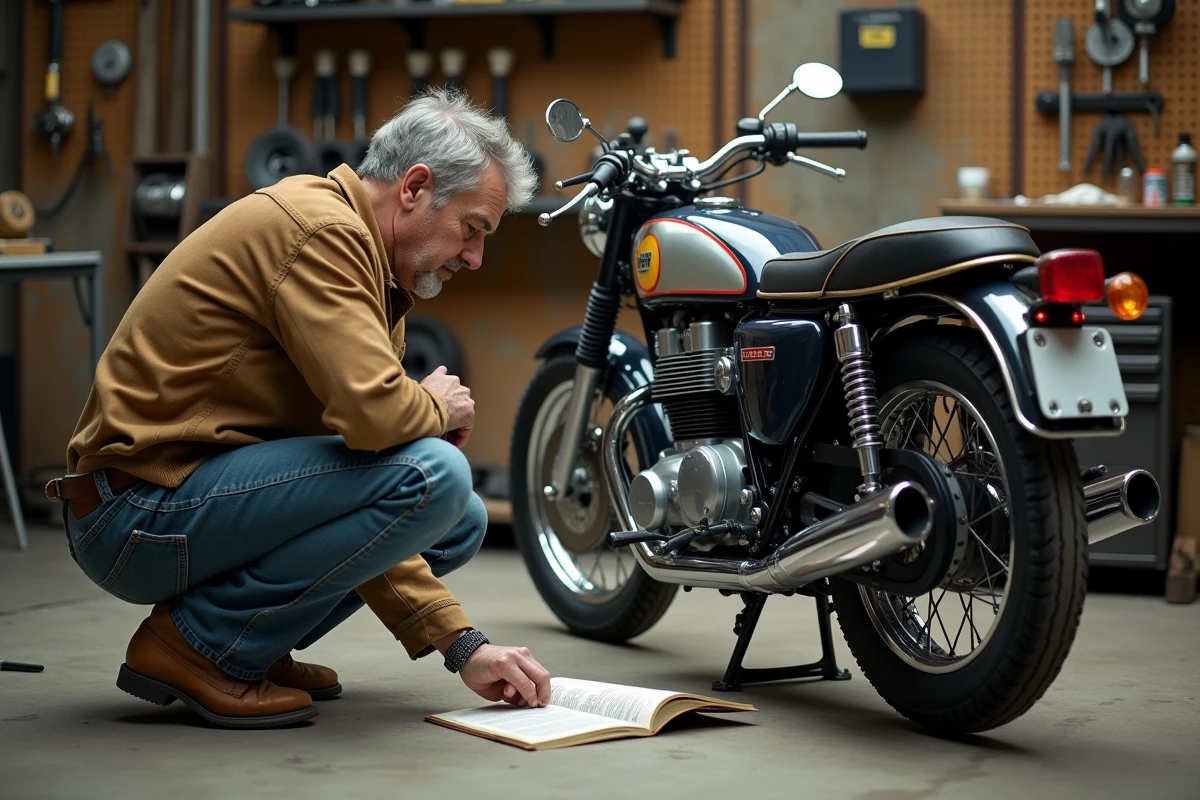 Mécanicien préparant une Suzuki GT750 dans un garage vintage avant un grand road-trip