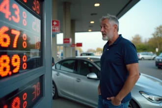 Automobiliste consultant le panneau des prix du carburant dans une station-service d'autoroute en France